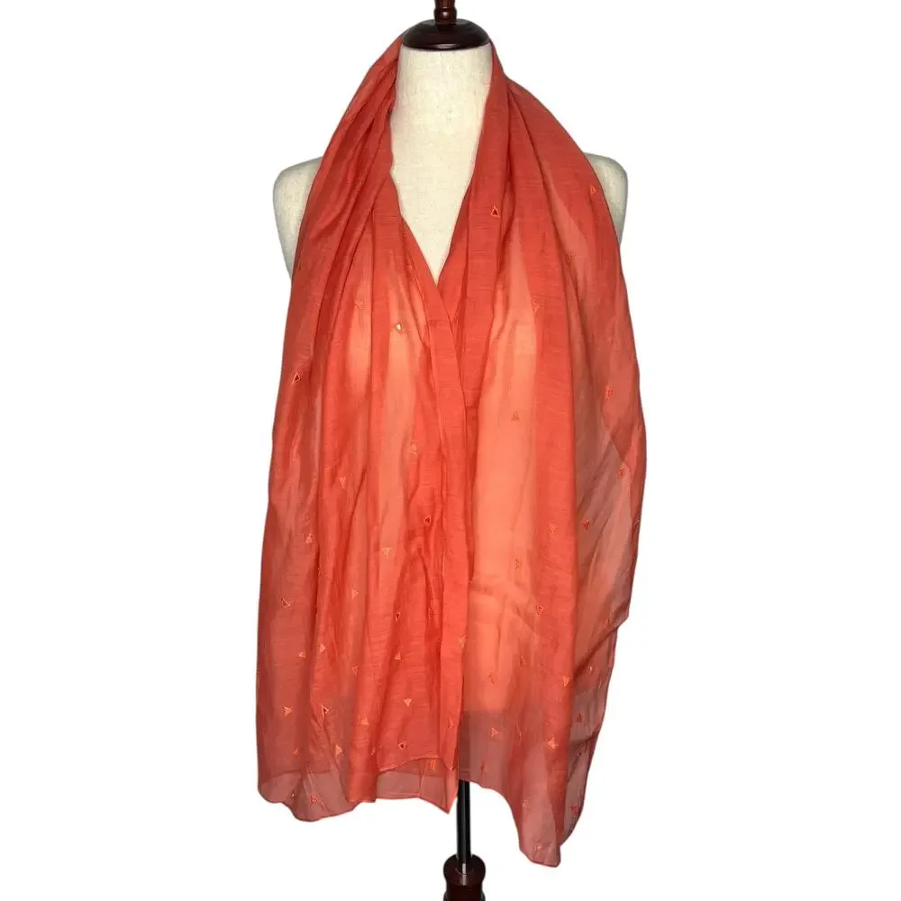 Neeru Kumar PAVO SF Silk Cotton Scarf Coral Orange 23x70 Embroidered Sheer Wrap